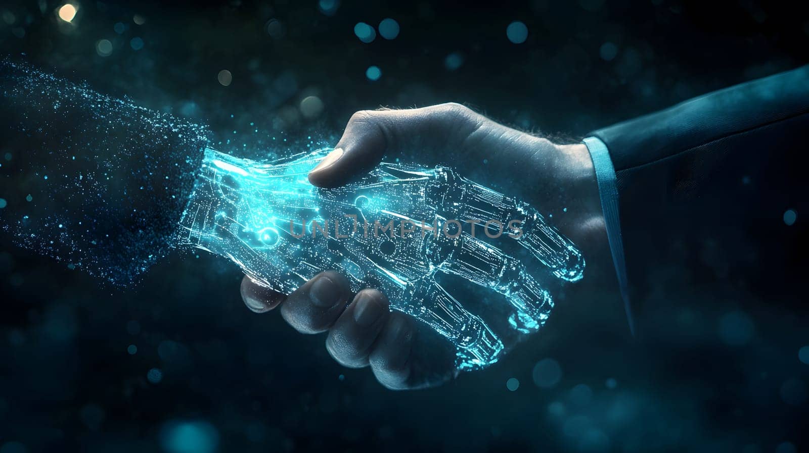 A human hand shakes a robotic hand, symbolizing collaboration.