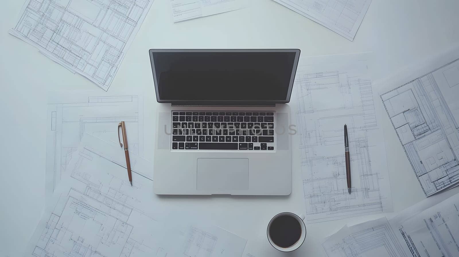 A laptop surrounded by architectural blueprints and a coffee cup.