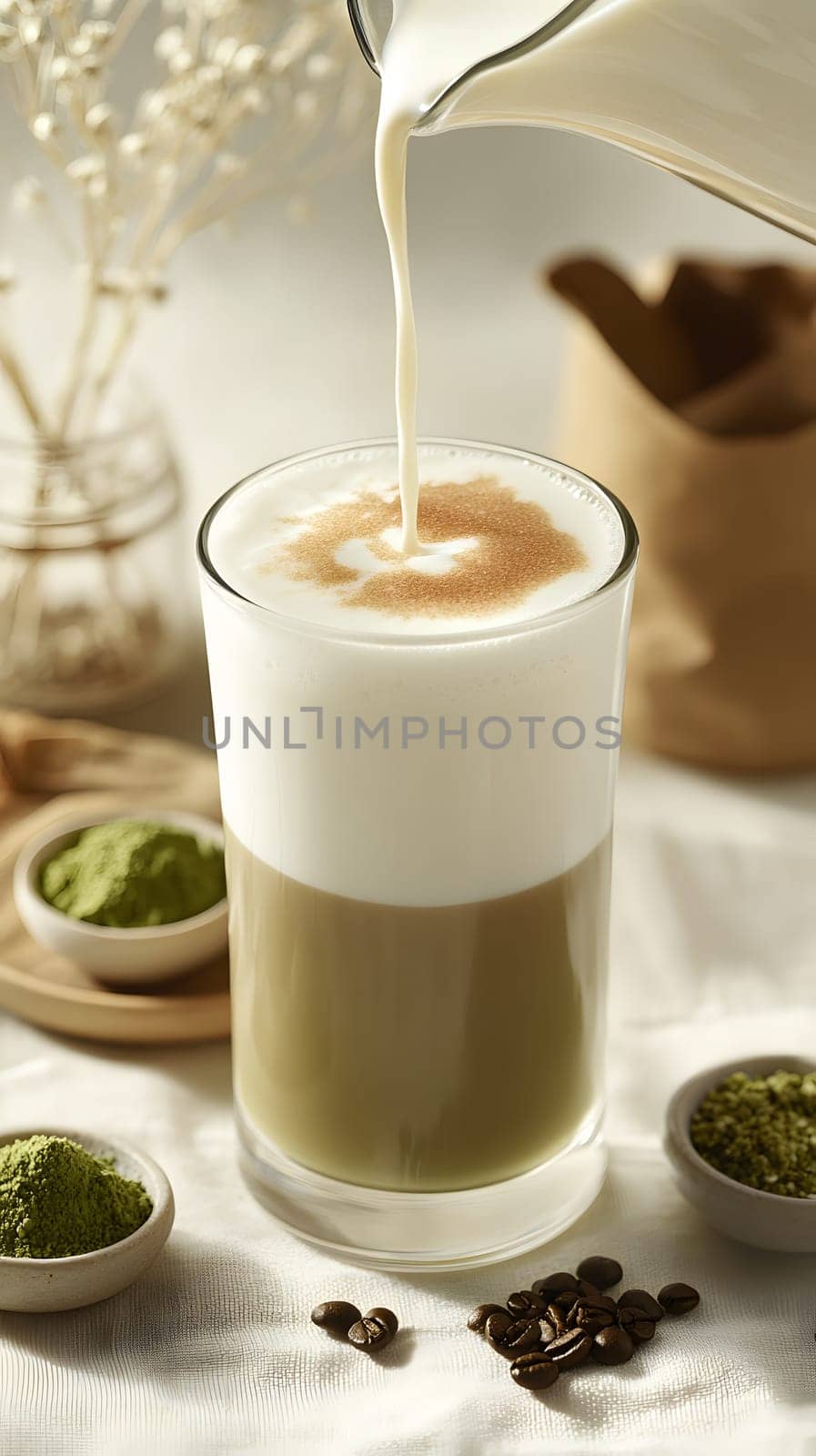 A layered drink with milk and green tea, served in a glass.