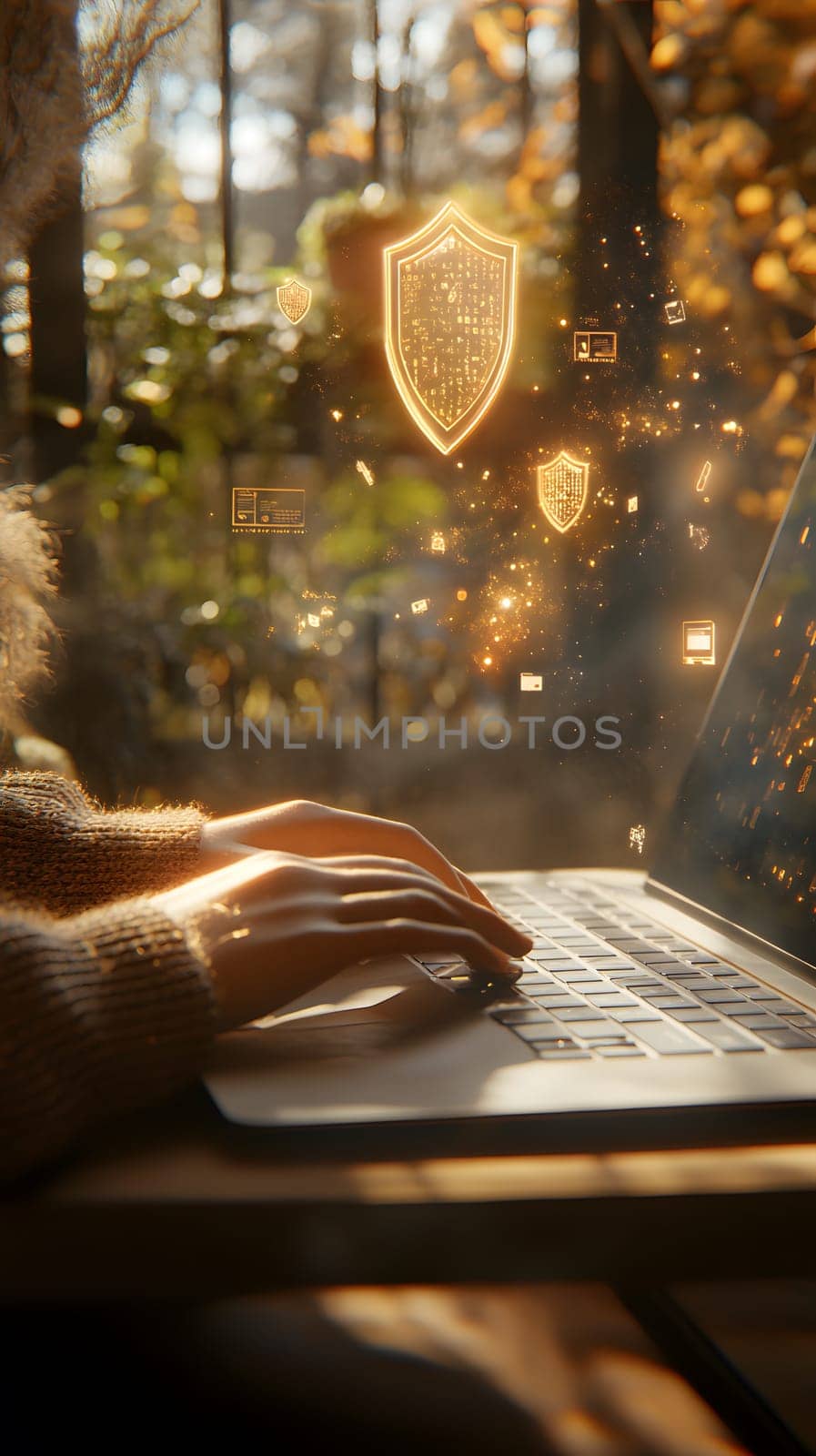 A person typing on a laptop with glowing security shields nearby.