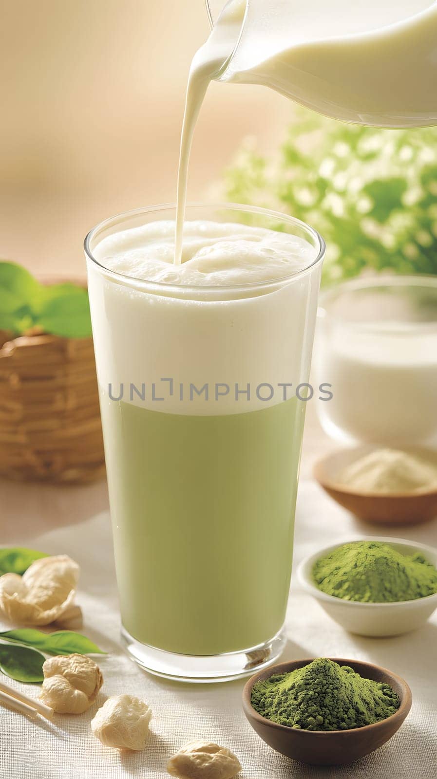 A refreshing layered drink featuring green tea and foamy milk.