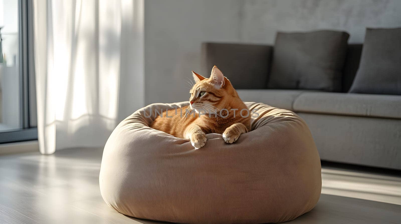 A relaxed orange cat lounging in a cozy beanbag in a bright room.