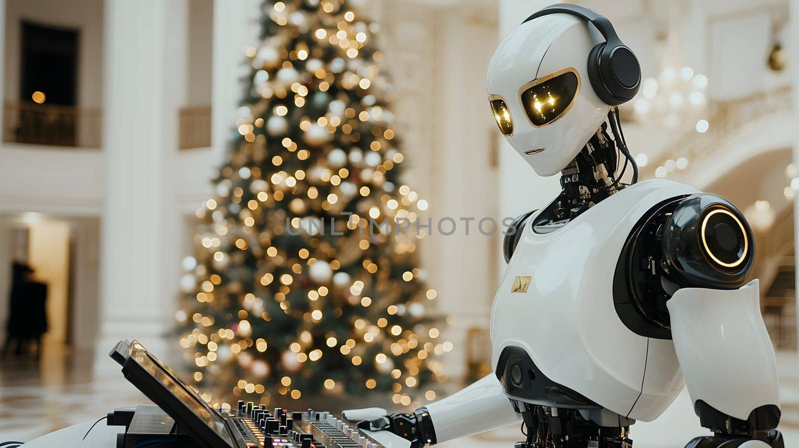 A robot DJ performing in front of a decorated Christmas tree.