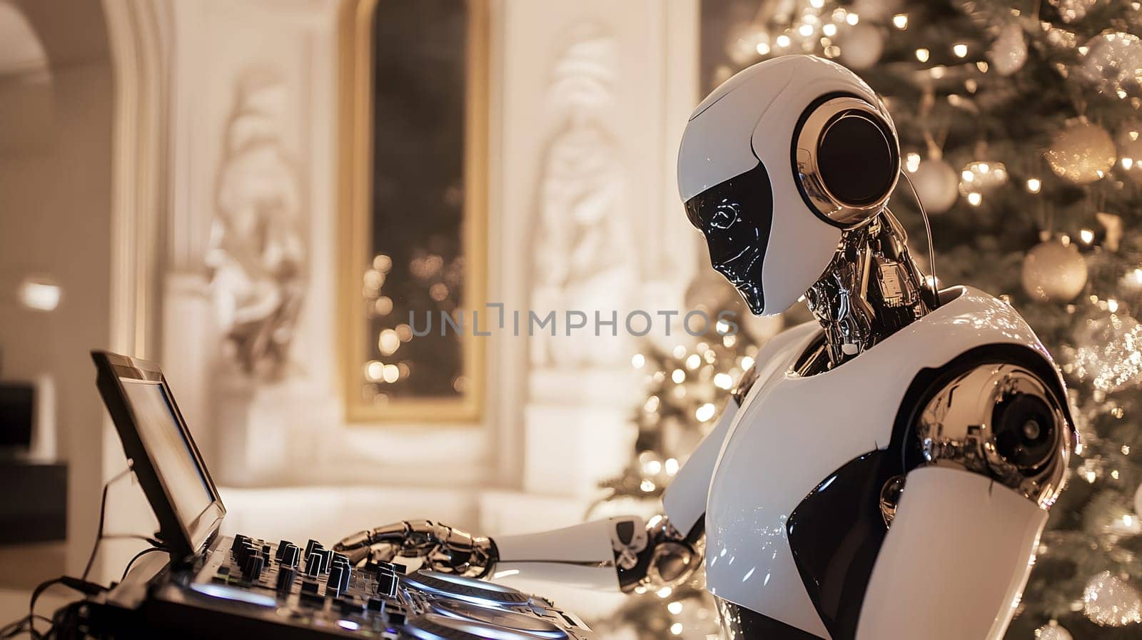 A robot DJ performs at a festive event near a decorated Christmas tree.