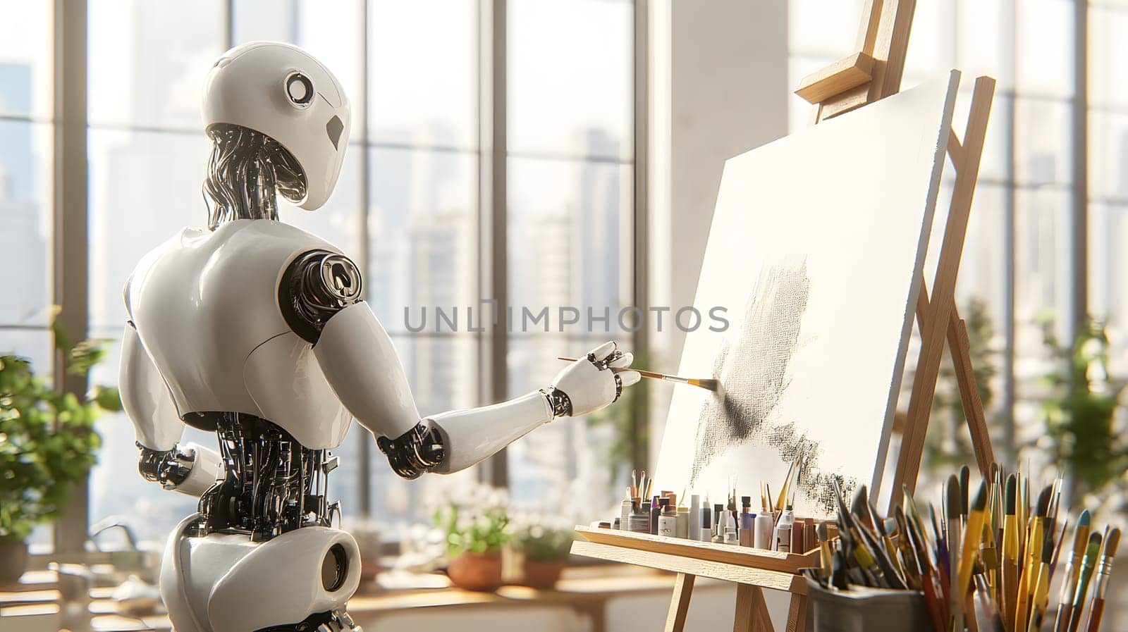 A robot painting on an easel in a bright, plant-filled studio.