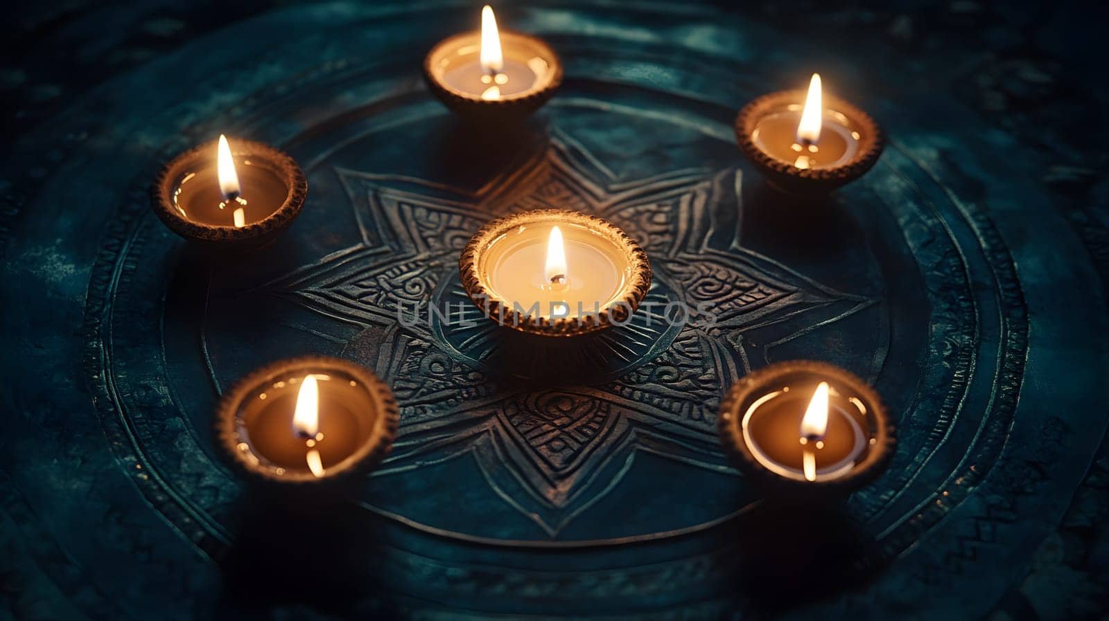 A serene arrangement of lit candles on a decorative surface.