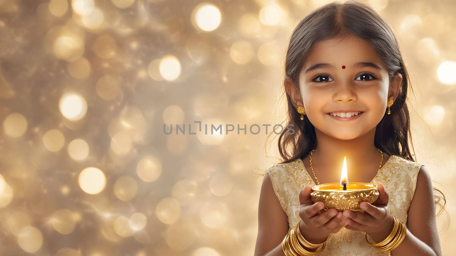 A smiling girl holds a lit diya against a sparkling background.