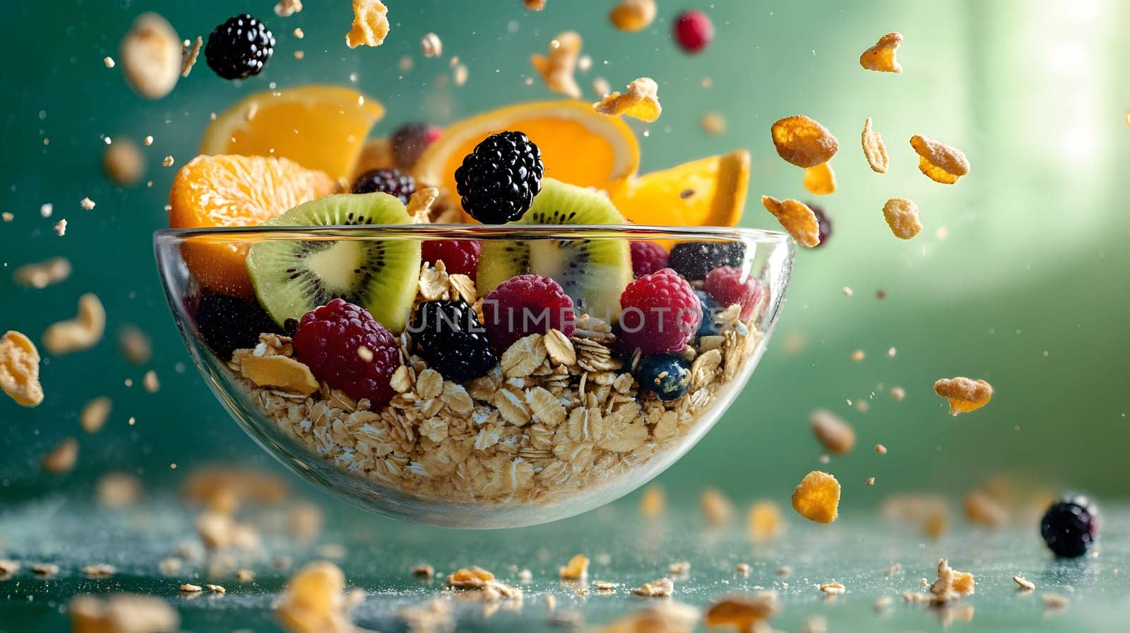 A vibrant bowl of granola topped with fresh fruits and nuts.