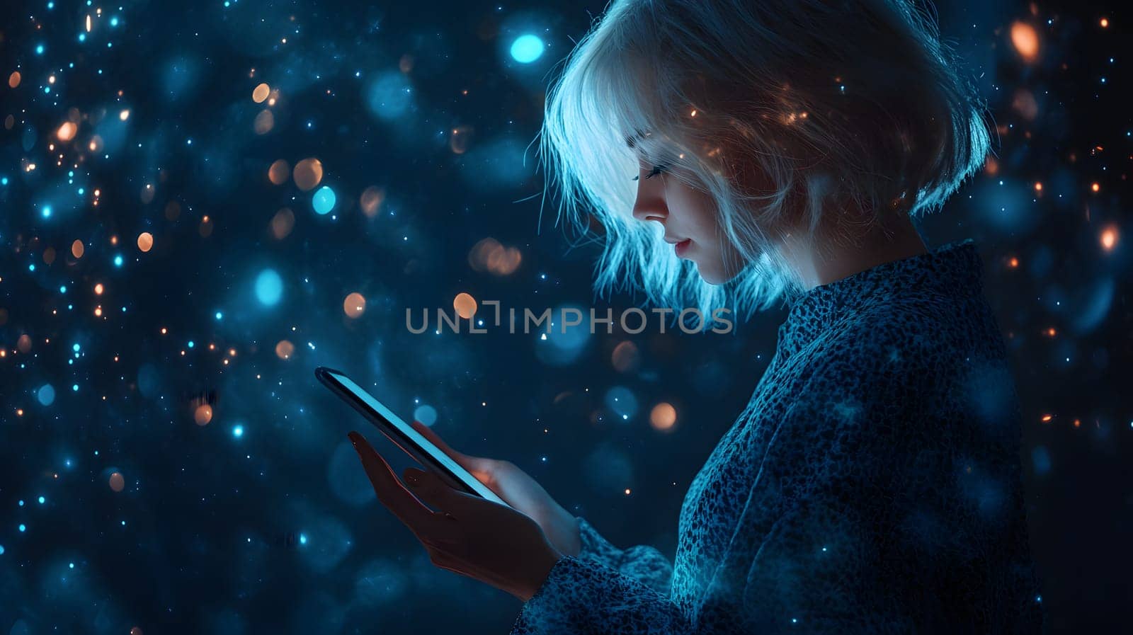 A woman gazes at her phone amidst a dreamy, illuminated background.