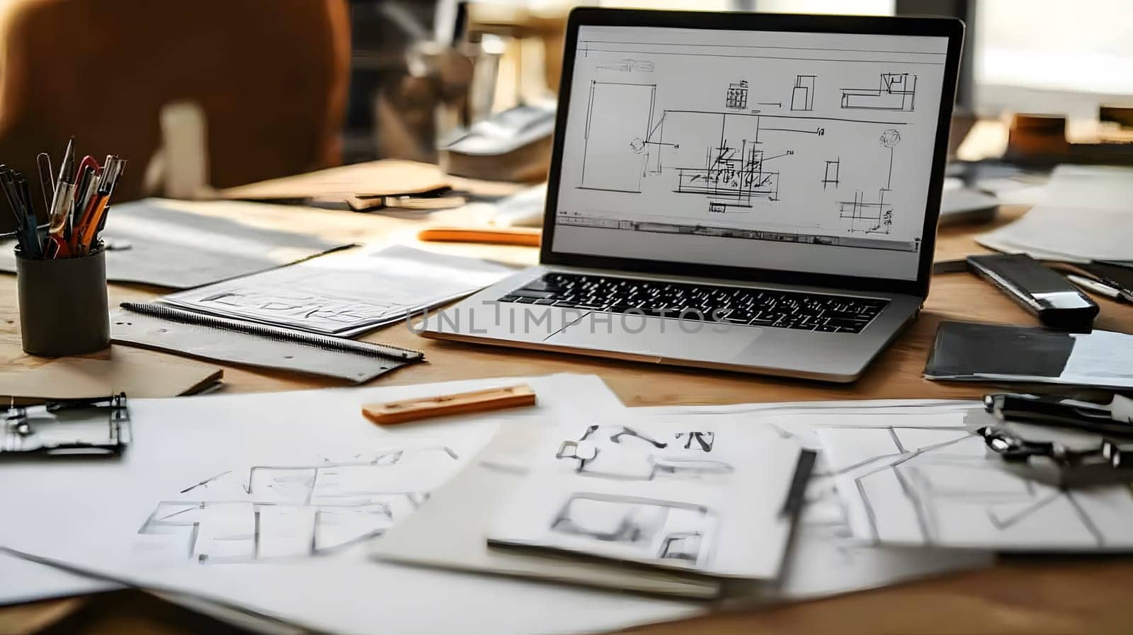 A workspace with architectural plans and a laptop displaying designs.