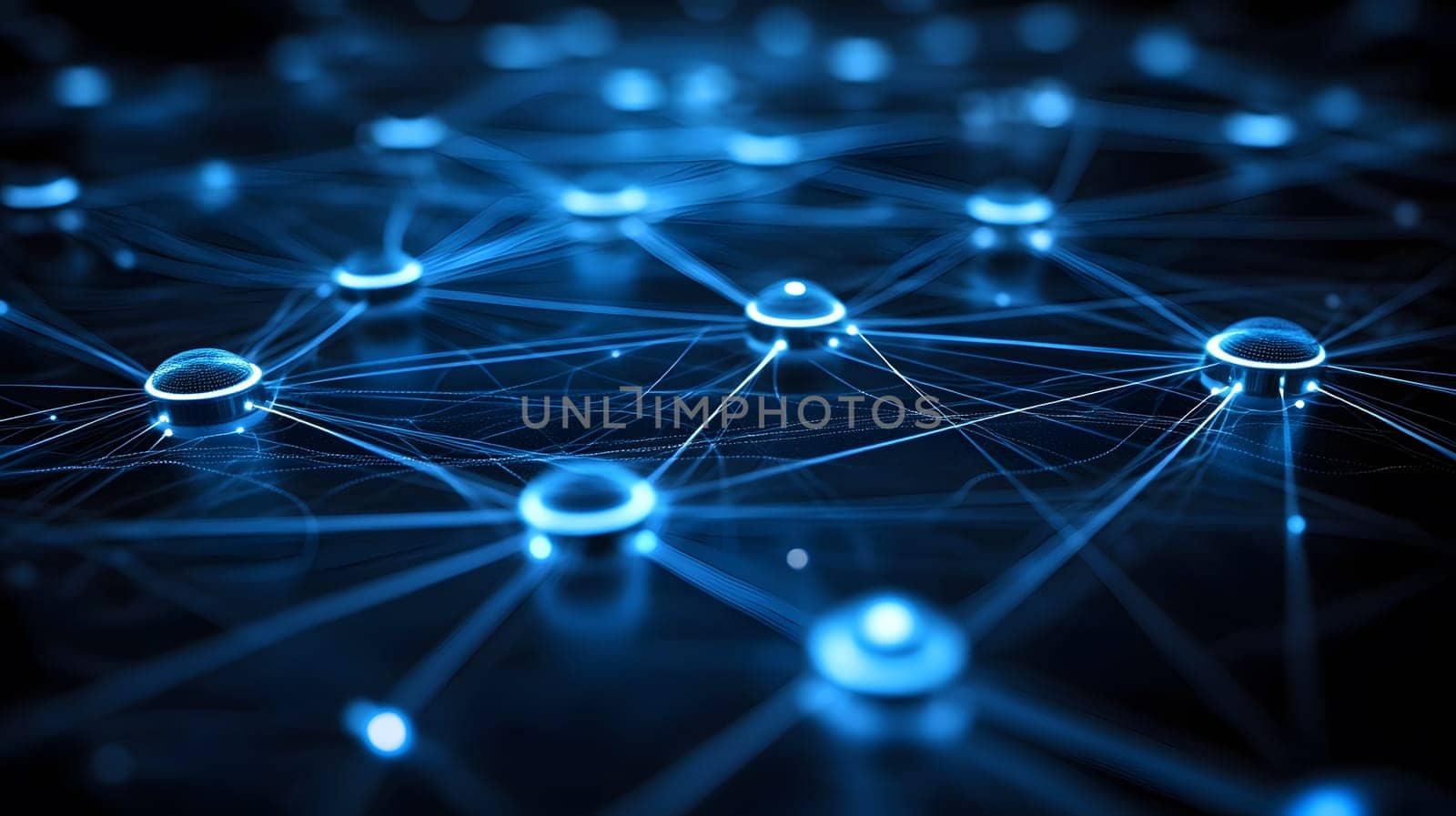 Abstract network of interconnected nodes and lines in blue hues.
