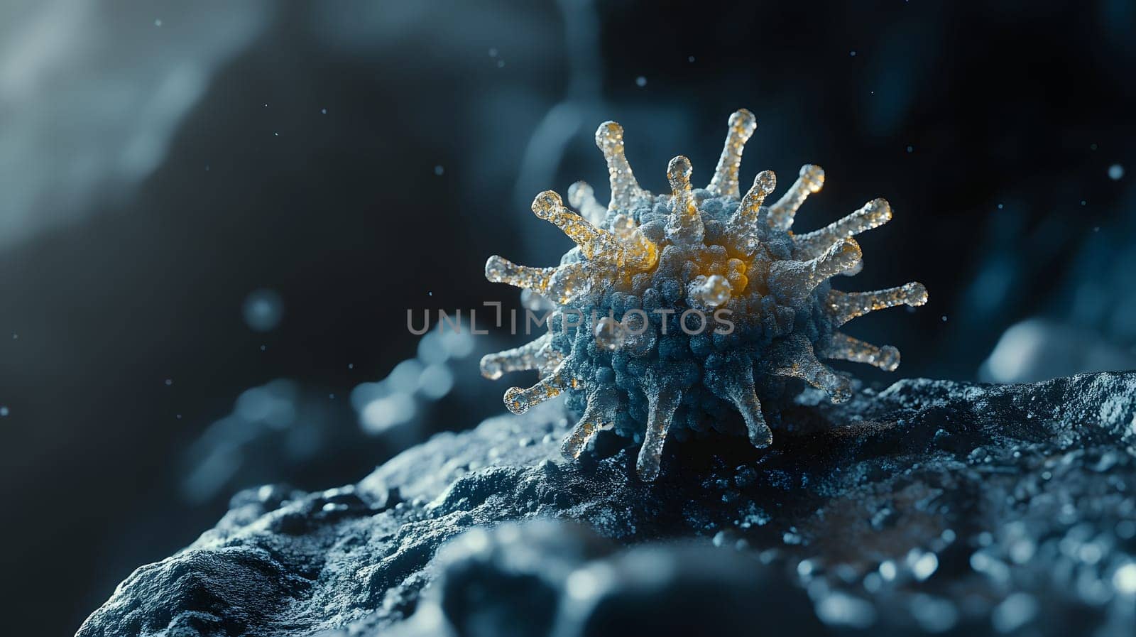 Close-up of a virus-like structure on a rocky surface.