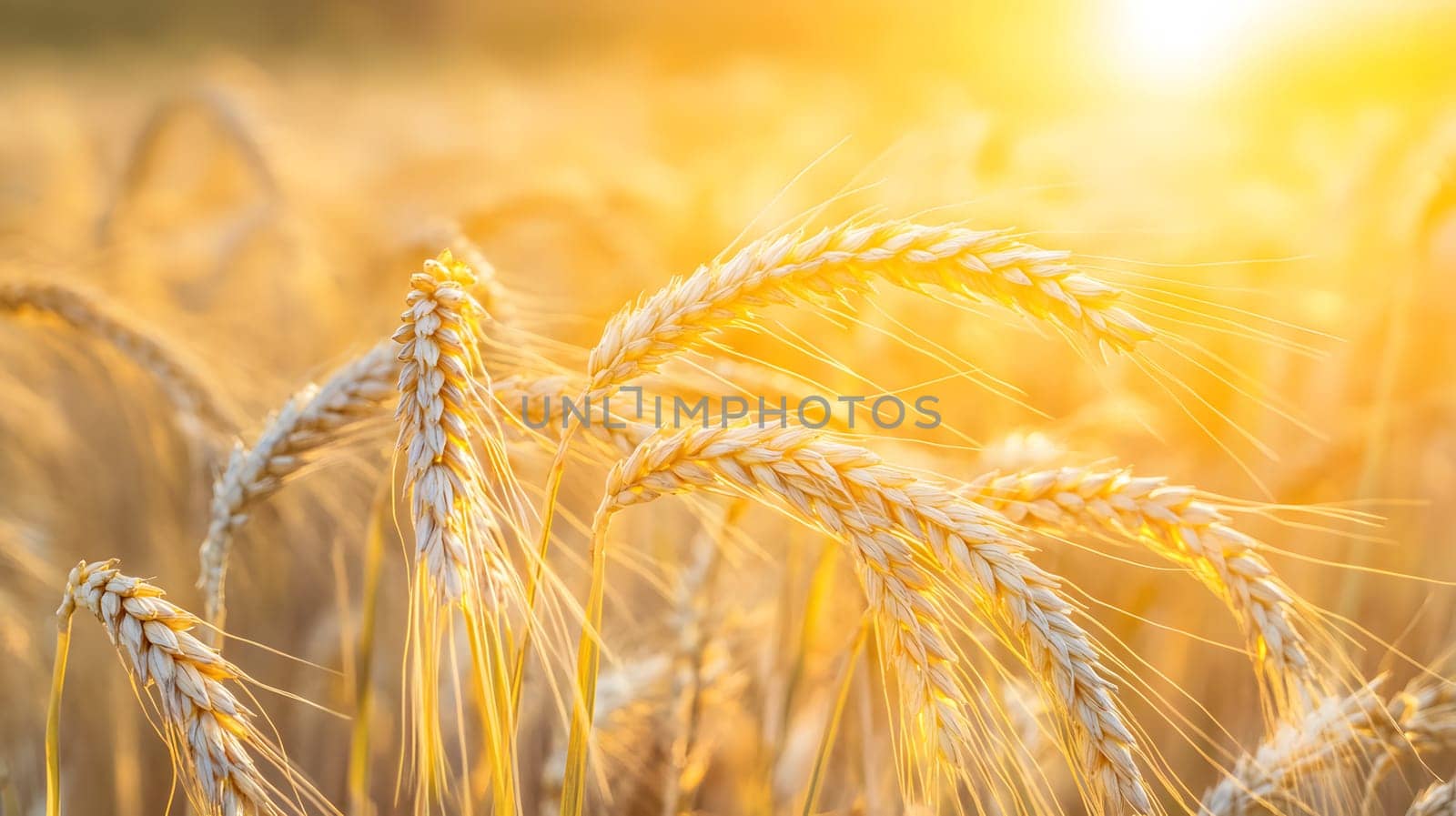 Close-up of golden wheat ears illuminated by sunlight.