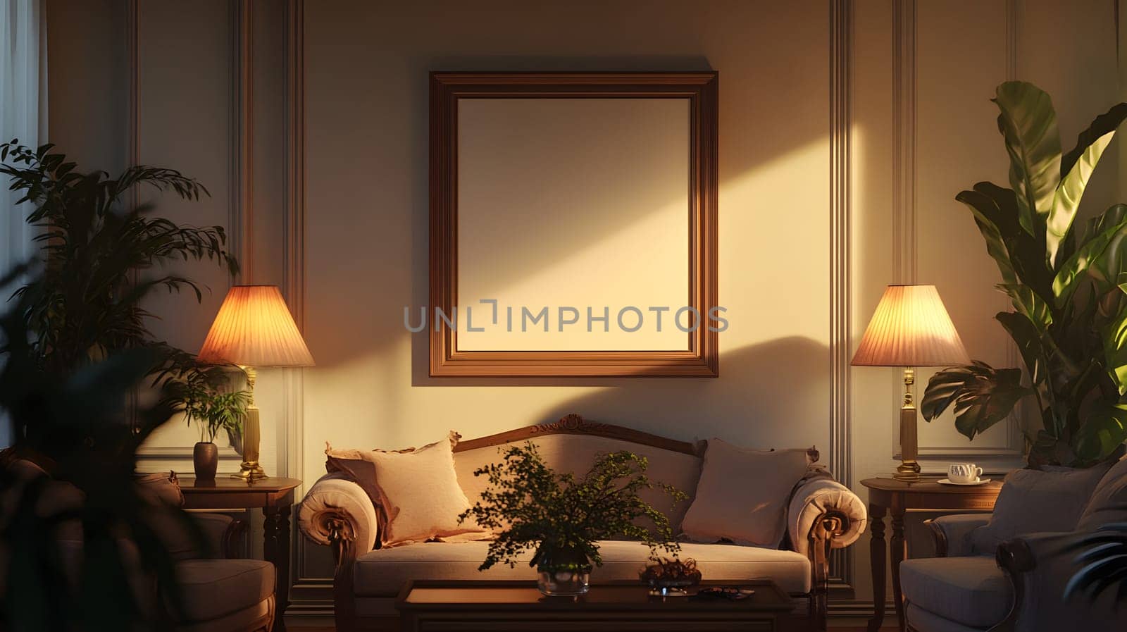Cozy living room with plants, lamps, and a blank picture frame.