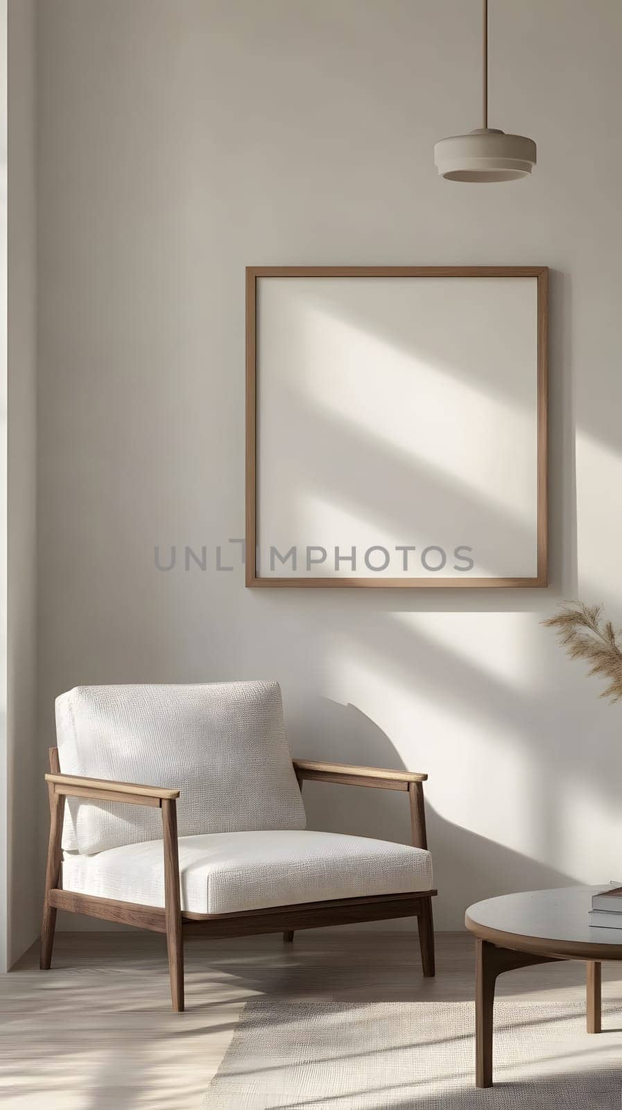 Cozy minimalist living space with a chair and empty wall.