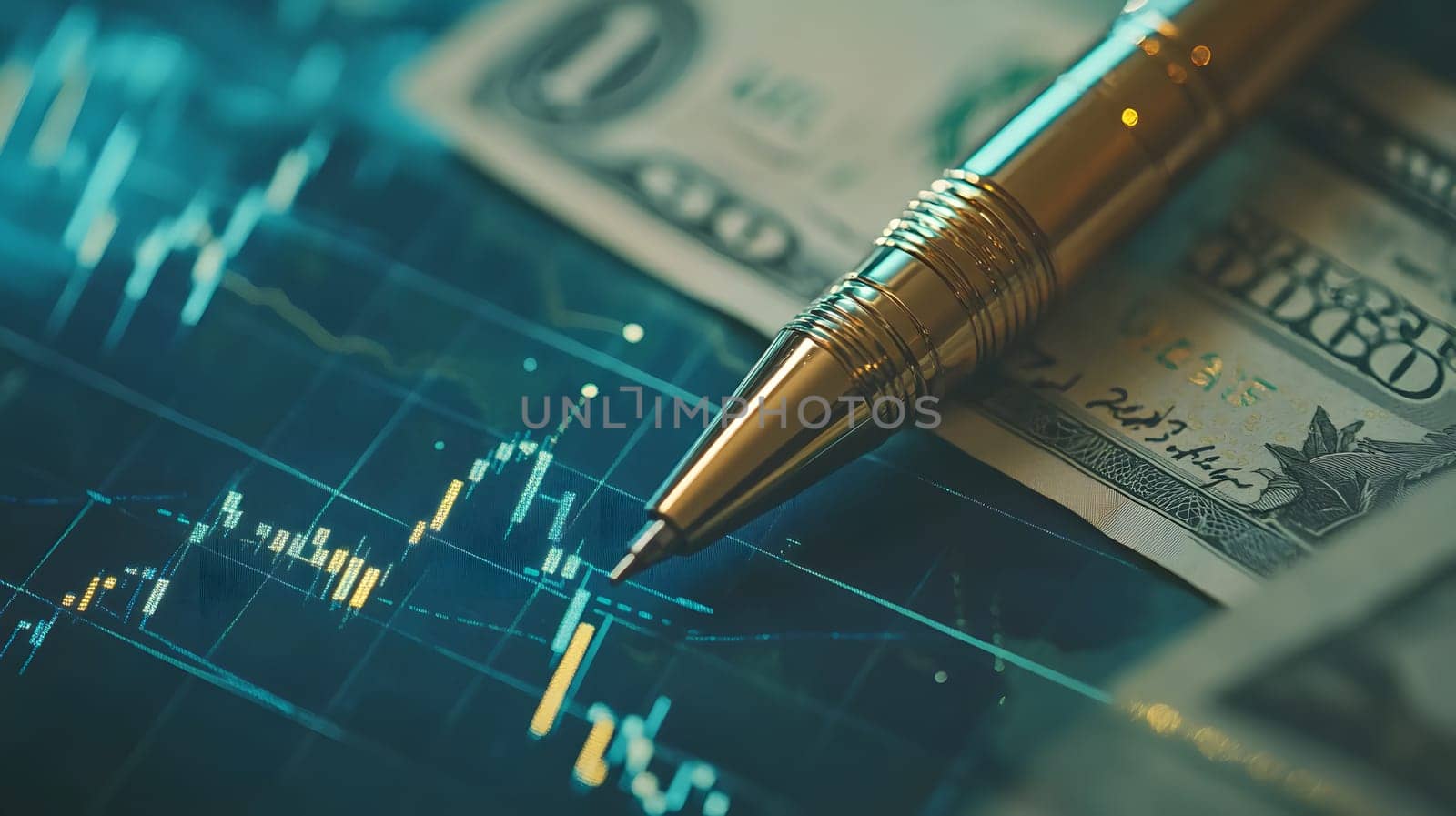 Financial analysis with currency and a pen on a digital graph.