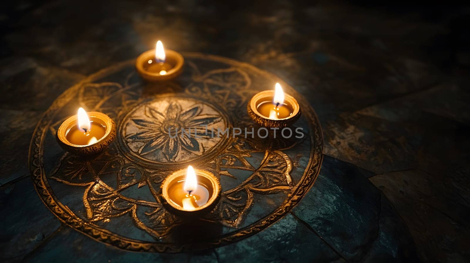 Four lit oil lamps arranged on an ornate surface for ambiance.