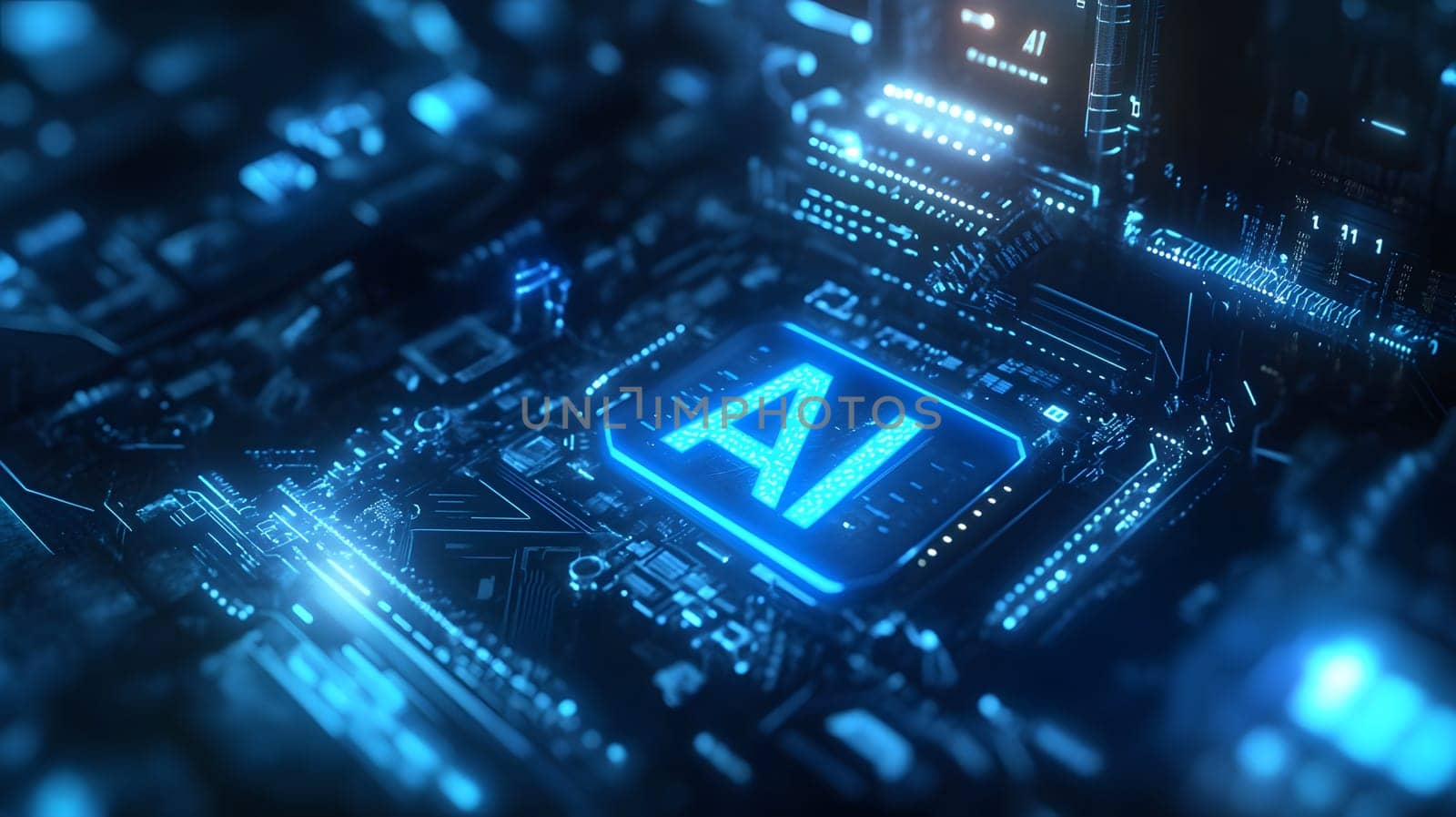 Futuristic circuit board with glowing AI symbol for technology themes.