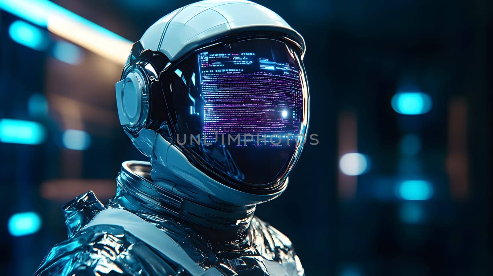 Futuristic astronaut helmet displaying digital data and technology.