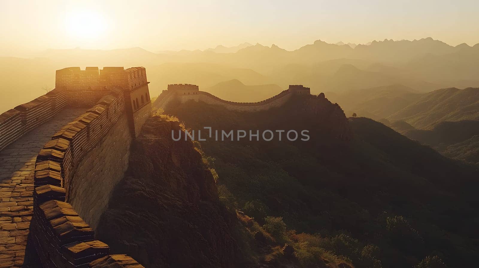 Majestic view of the Great Wall at sunset over mountainous terrain.