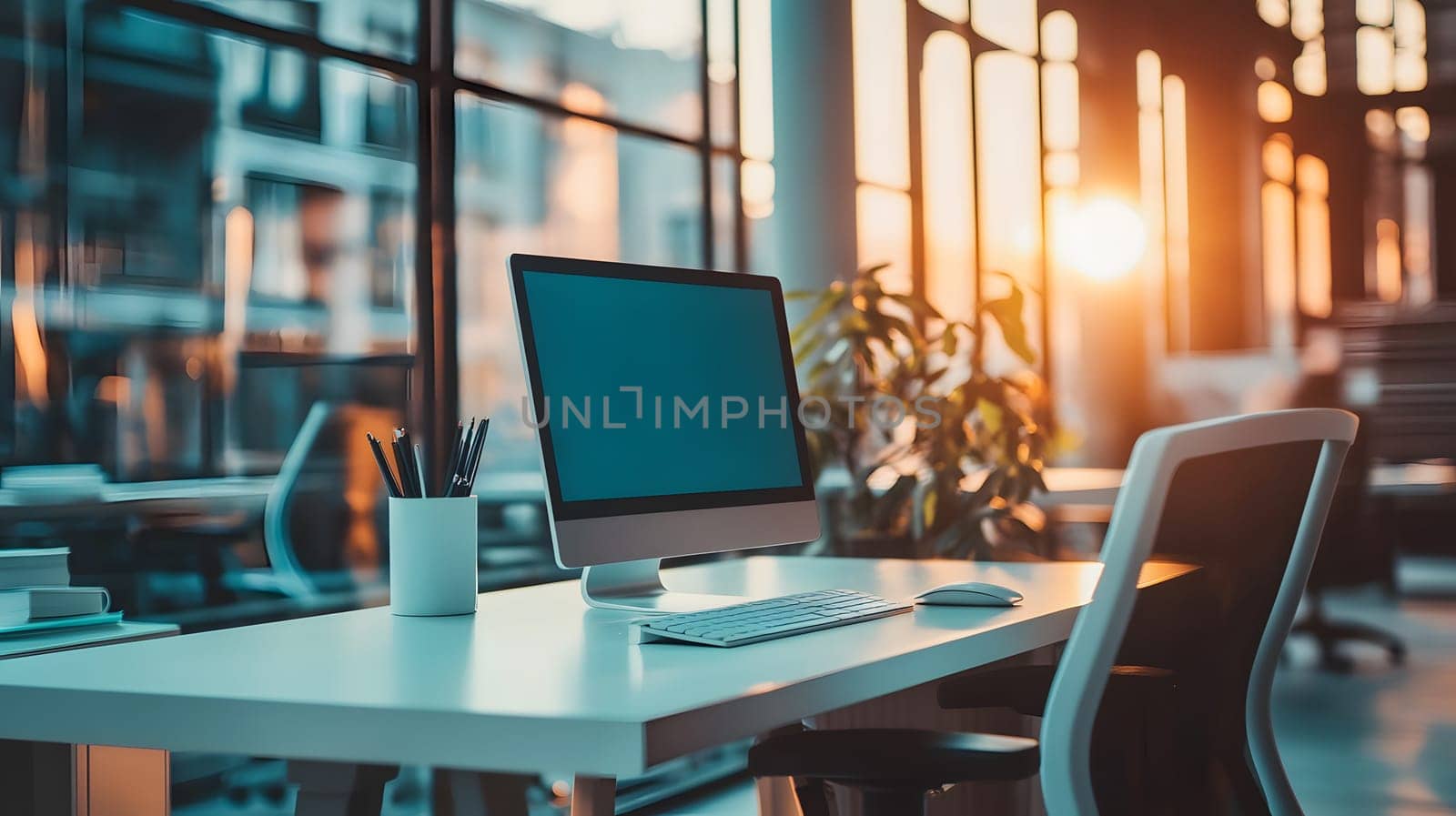 Modern office workspace with computer and sunset view.