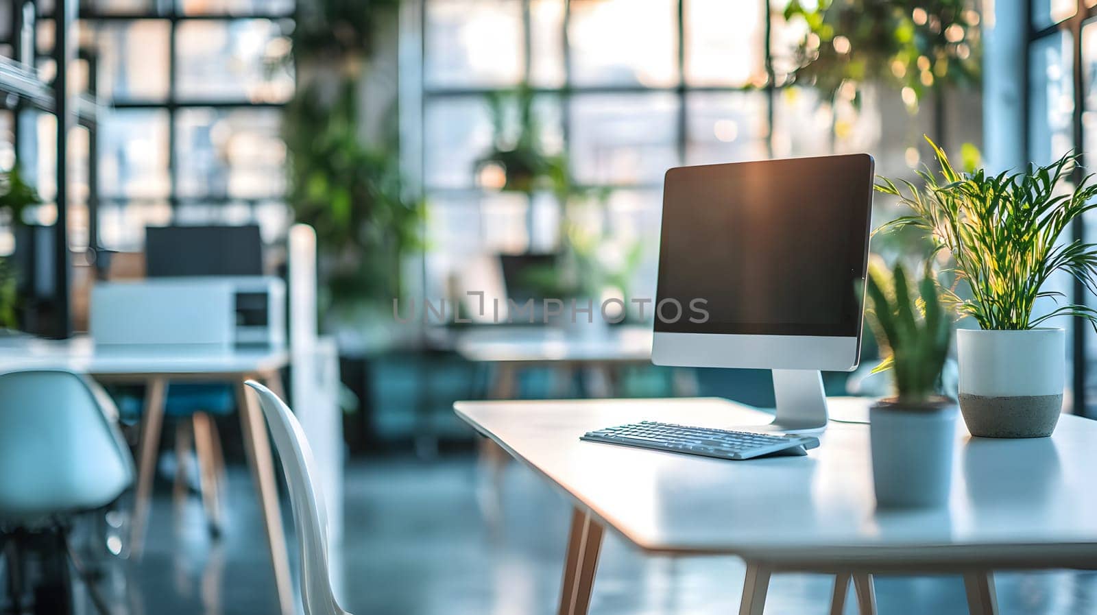 Modern workspace with computer and plants in a bright environment.