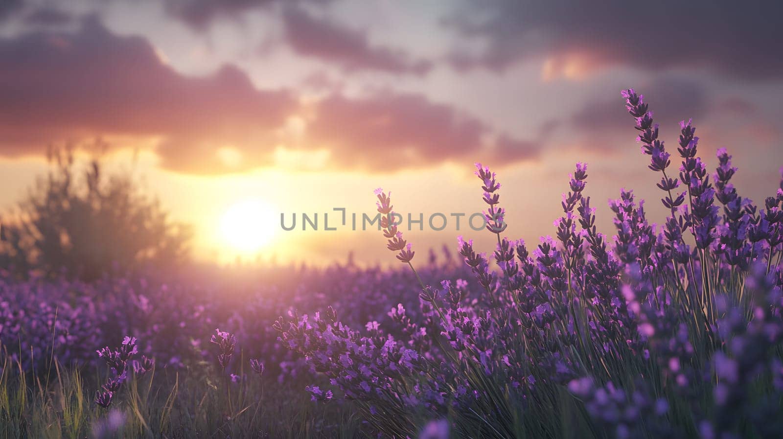 Serene lavender field at sunset, showcasing nature's beauty.