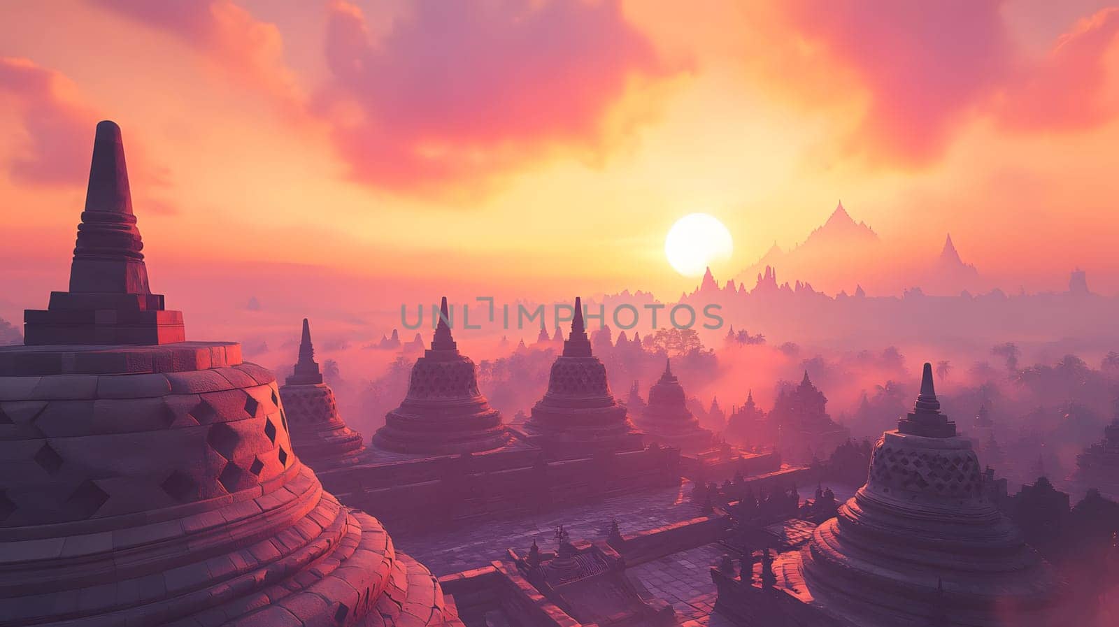 Serene sunset over ancient temples with misty landscape.