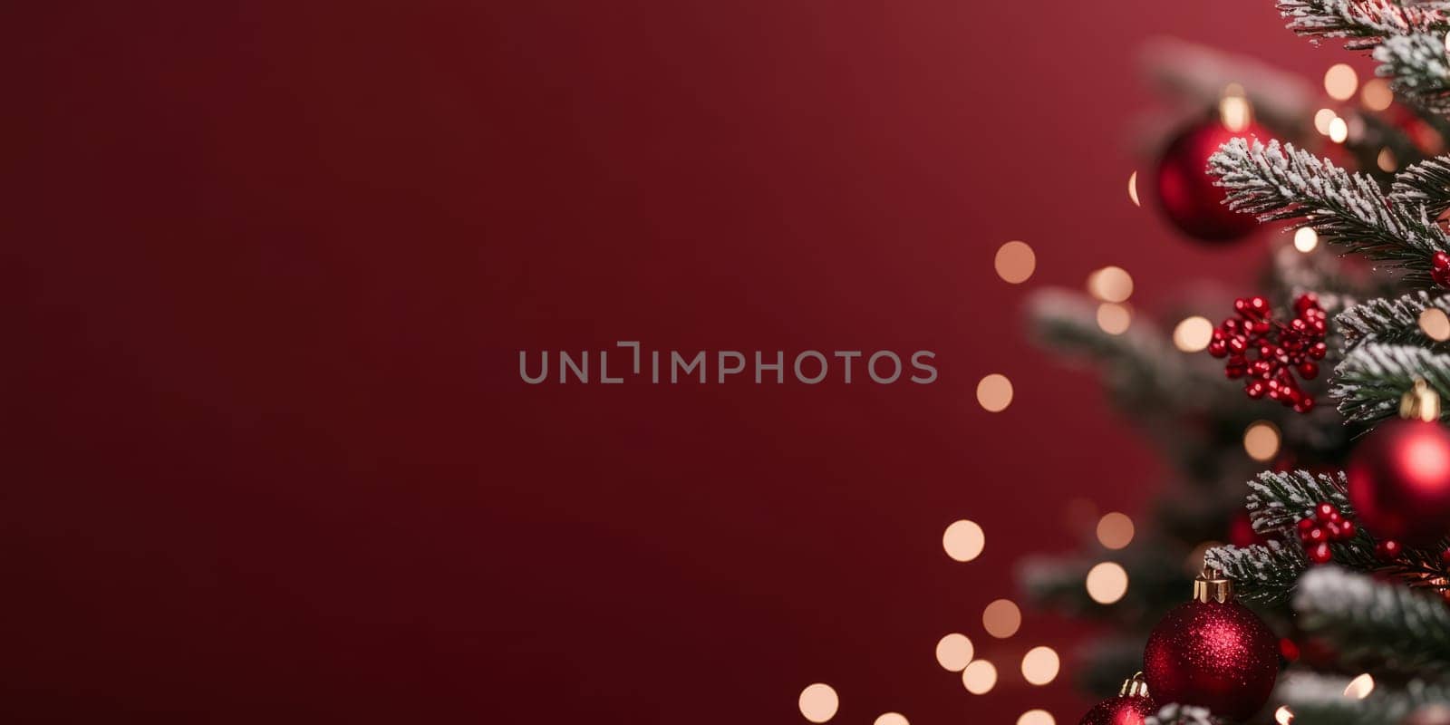Red blurred glittering Christmas and New Year Background with large copy space. Holiday classic banner with bokeh lights.