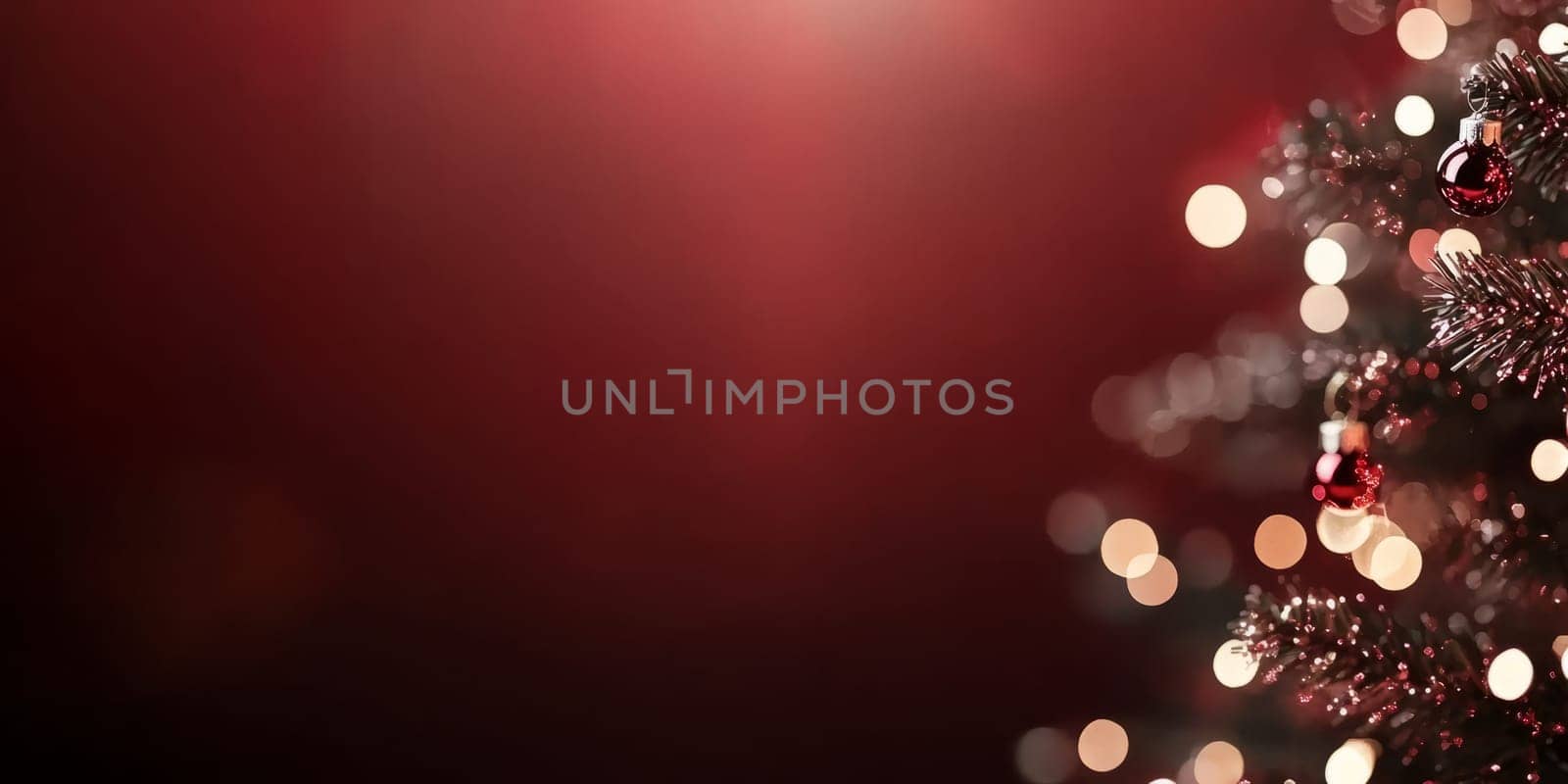 Red blurred glittering Christmas and New Year Background with large copy space. Holiday classic banner with bokeh lights.
