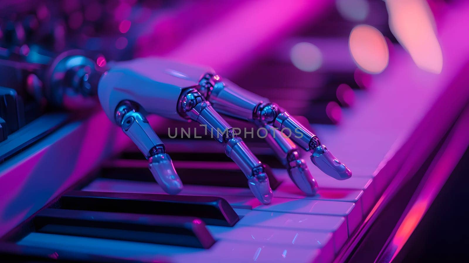 A robotic hand poised over piano keys, blending technology and music.