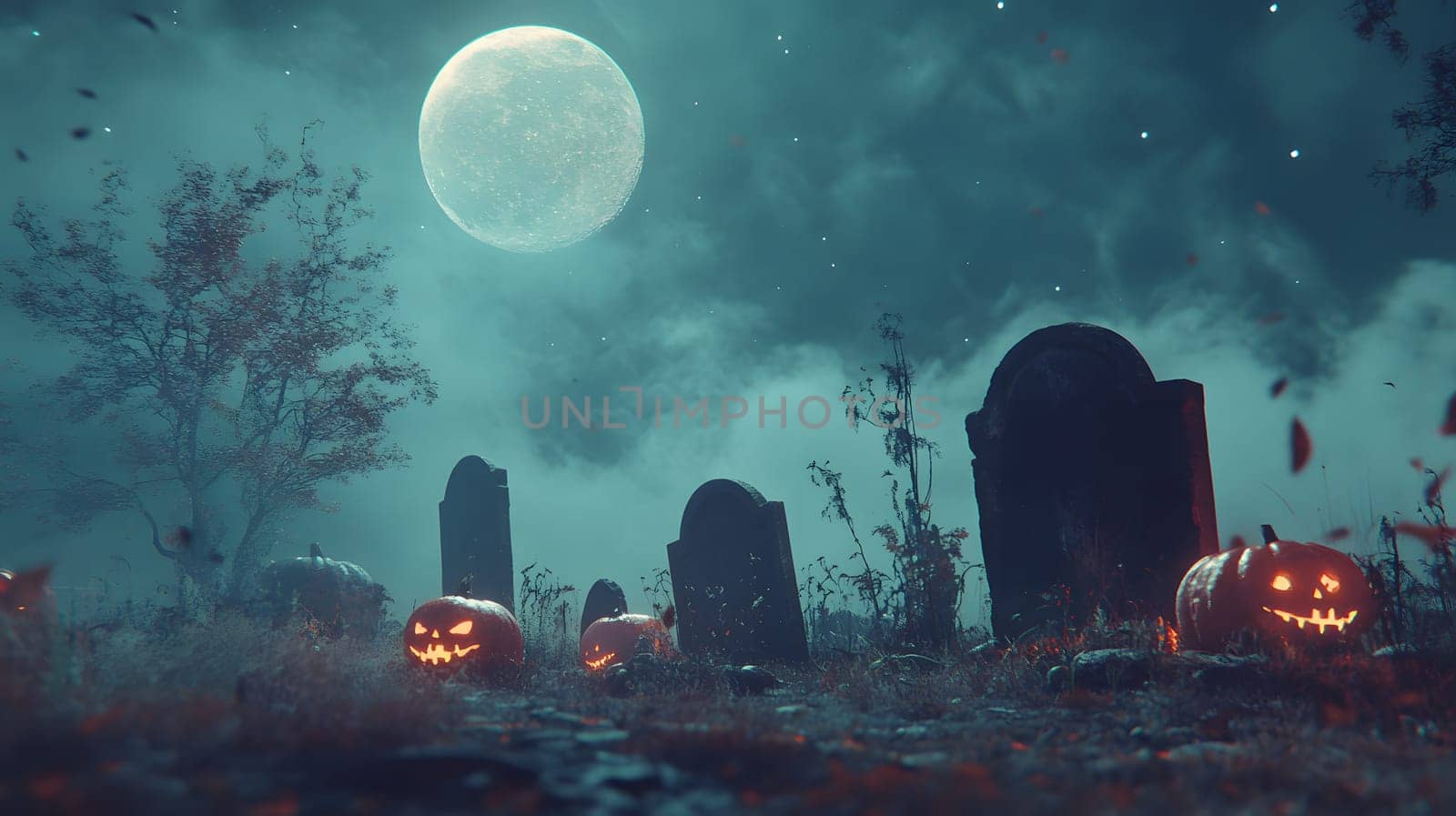 A spooky graveyard scene with pumpkins under a full moon.