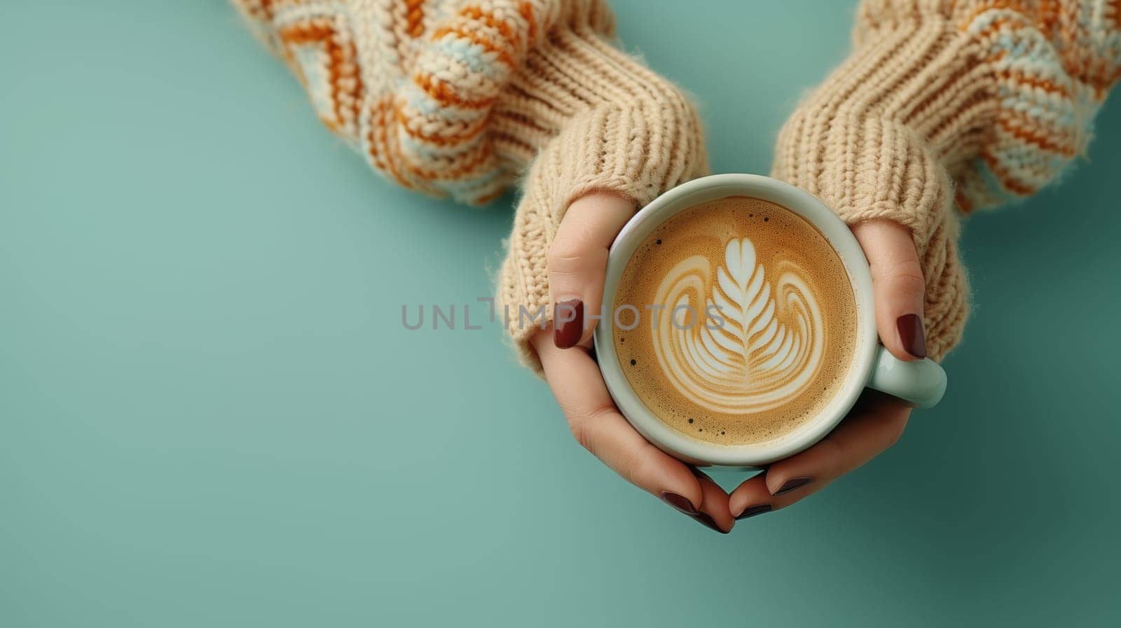 Top view of hands in knitted sweater holding a cappuccino cup with intricate latte art on a vibrant teal surface.