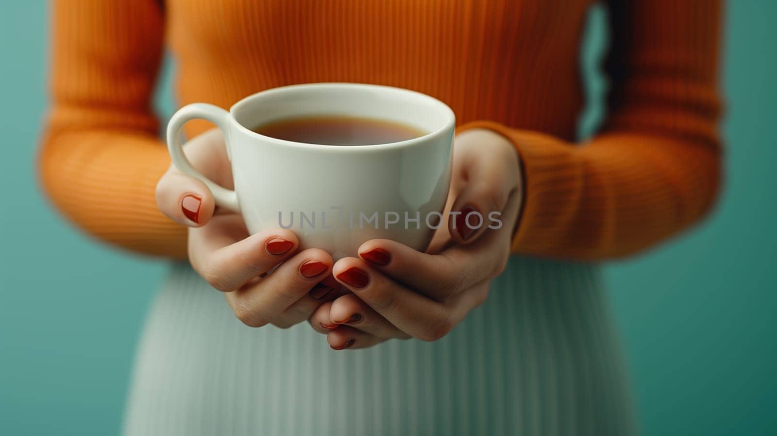 Close-up of hands with red nails holding a white ceramic cup of tea, with a colorful teal and orange background.