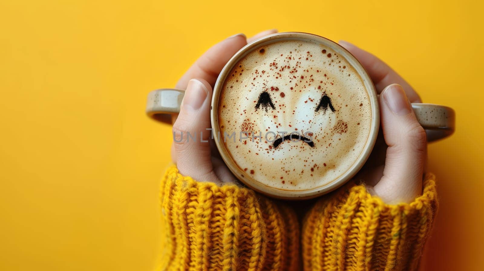 A close-up of hands holding a cappuccino cup with a sad face drawn in latte art, set against a bold yellow background.