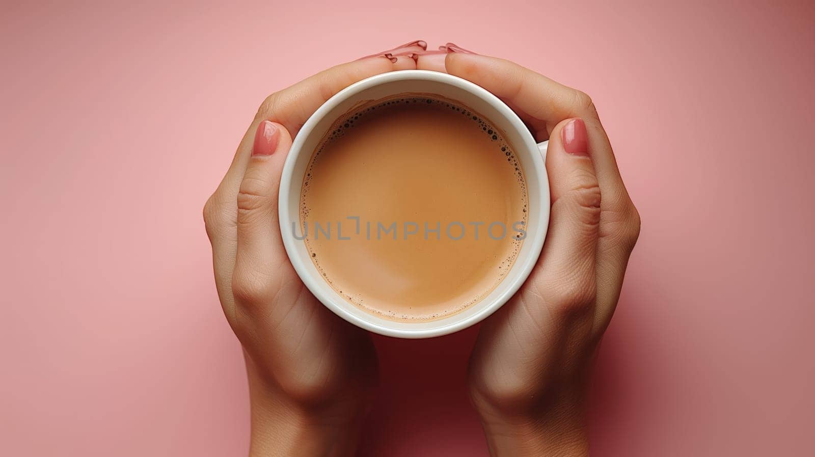 Top view of hands gently holding a white ceramic cup filled with coffee against a soft pink background.