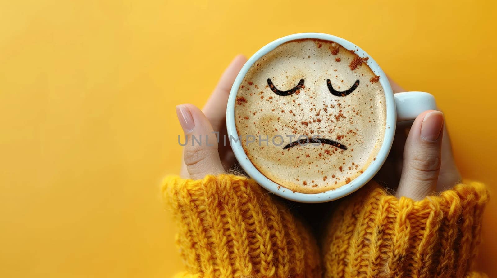 Close-up of hands holding a cappuccino with sad face latte art, surrounded by a bright yellow background and cozy yellow sweater.