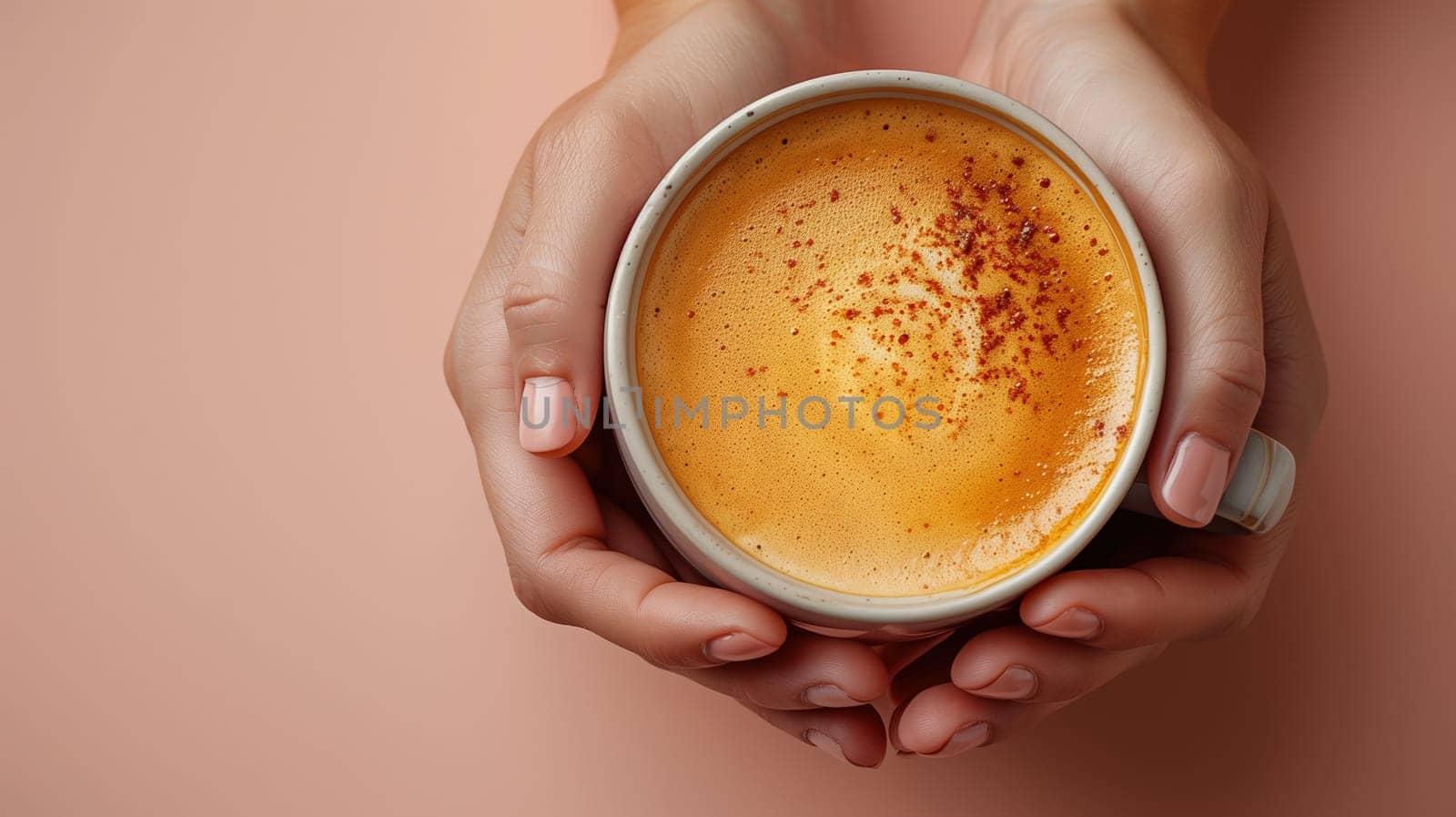 Close-up of hands holding a cup of coffee with frothy texture, set against a soft peach background.