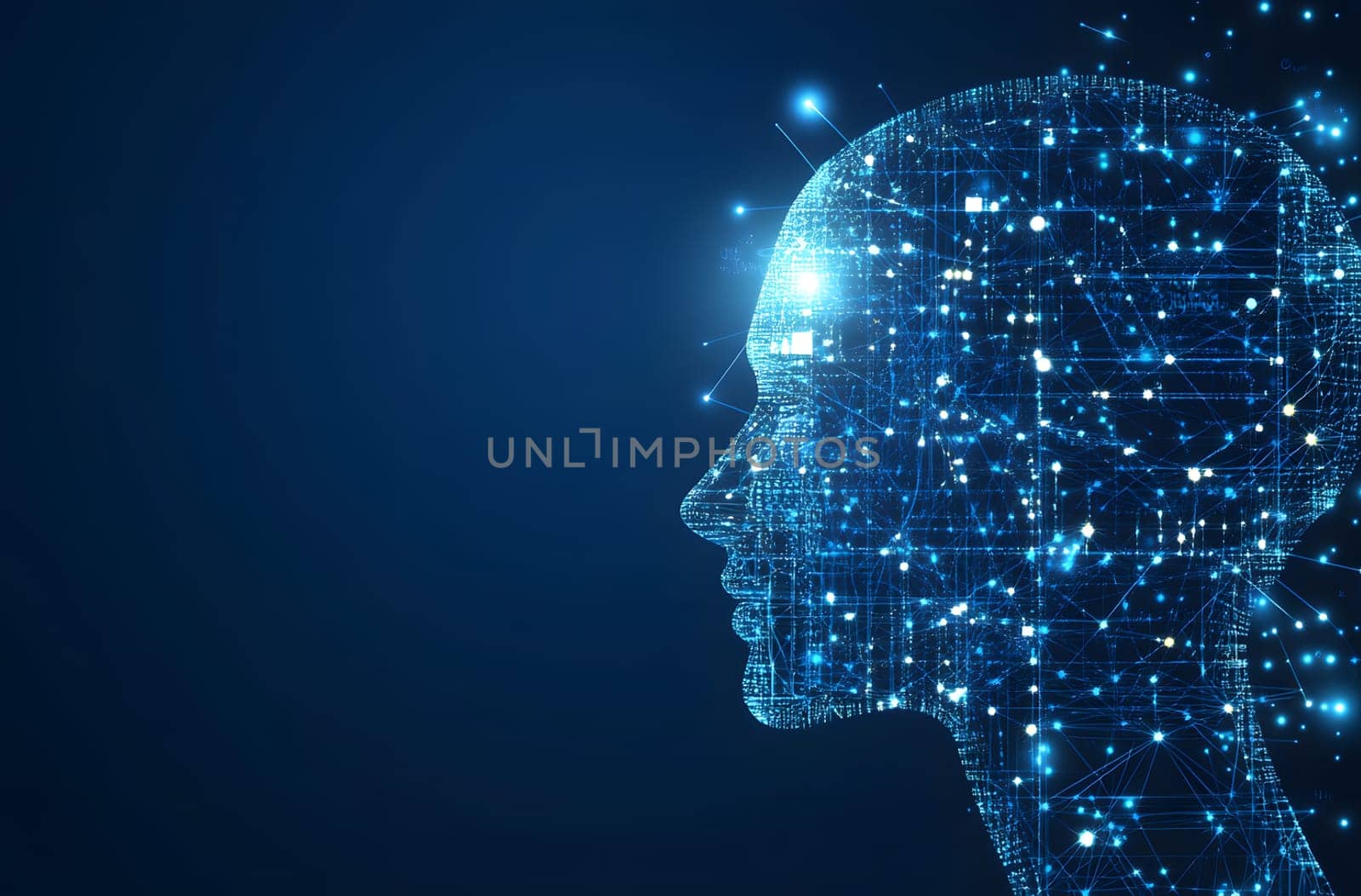 Digital representation of a human head with data connections.
