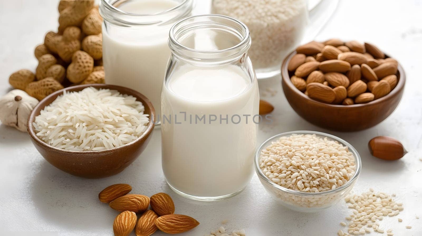 Ingredients for plant-based milk alternatives and healthy snacks.