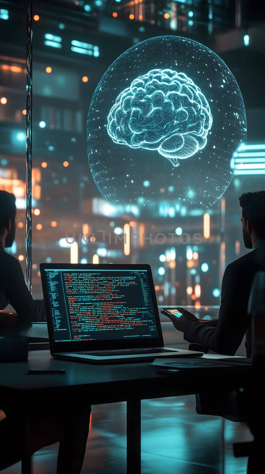 Two individuals observing a digital brain projection with code.