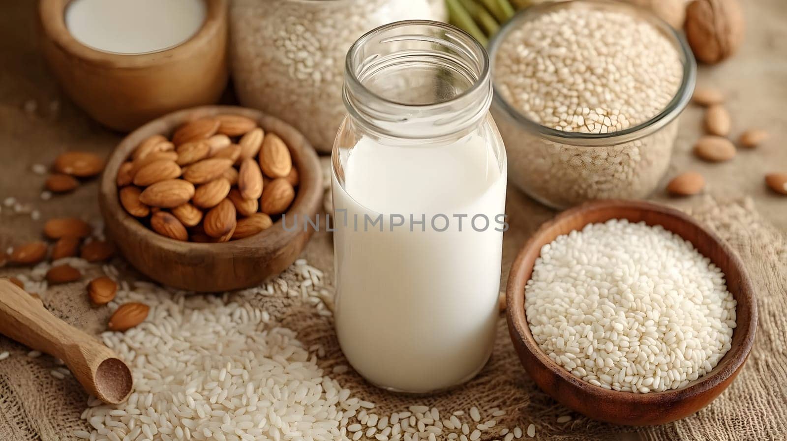Various ingredients including rice, milk, and nuts for cooking.