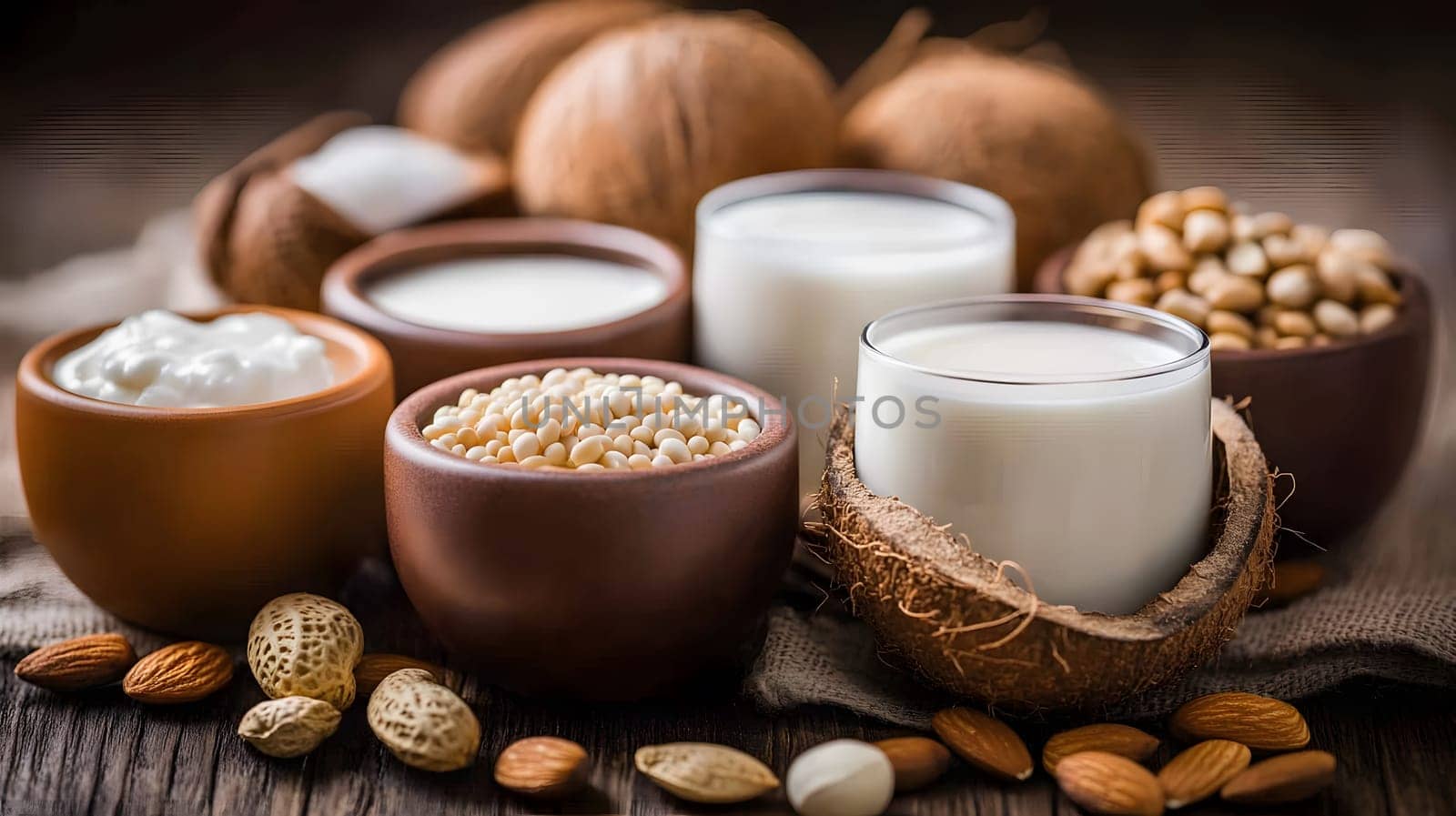 Various plant-based milk alternatives and ingredients on a wooden surface.