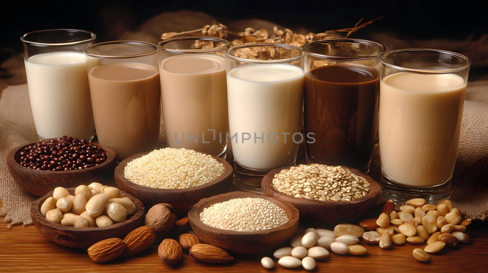Various types of milk and grains displayed in rustic bowls.