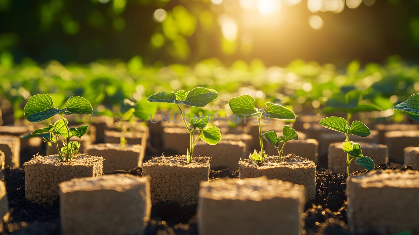 Young plants growing in biodegradable pots under sunlight.