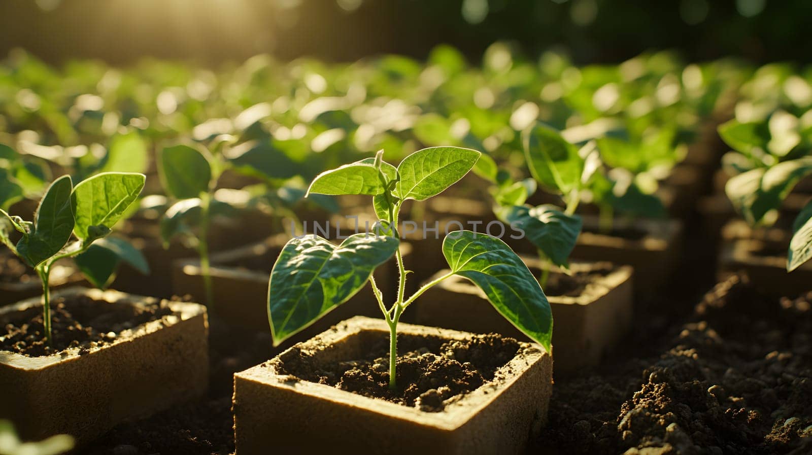 Young plants growing in soil-filled pots, symbolizing growth and cultivation.