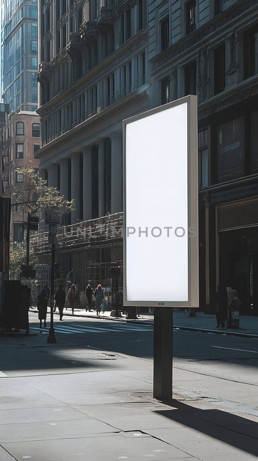 A blank advertising billboard on a city street during the day.