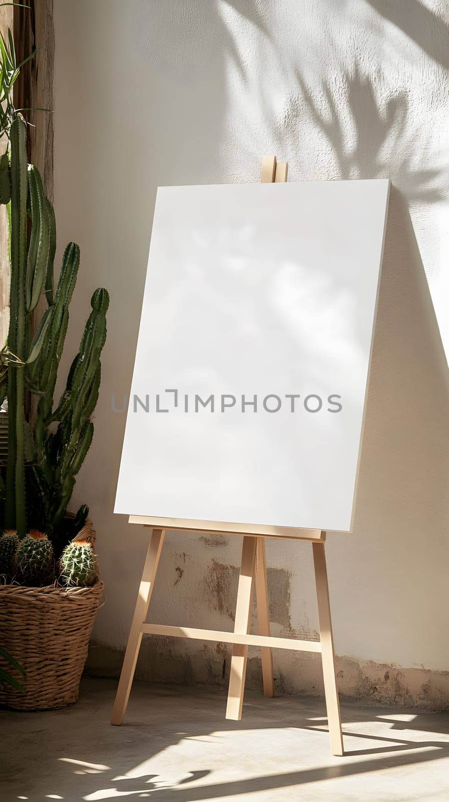 A blank canvas on an easel beside a potted cactus.