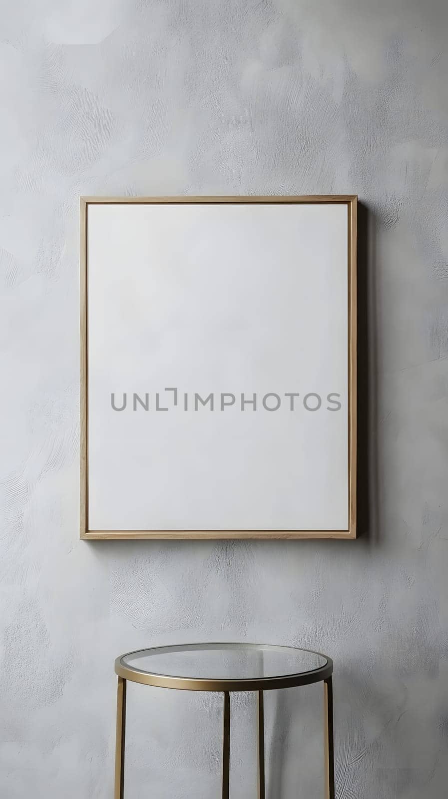 A blank framed canvas on a minimalist wall with a glass table.