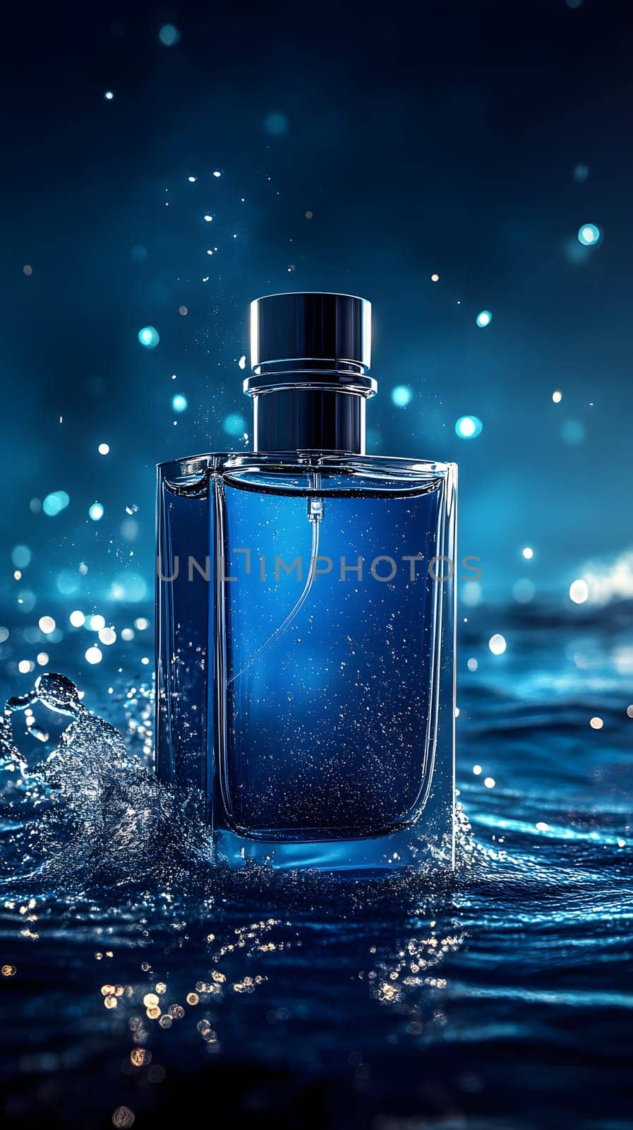 A blue perfume bottle surrounded by water and sparkling droplets.